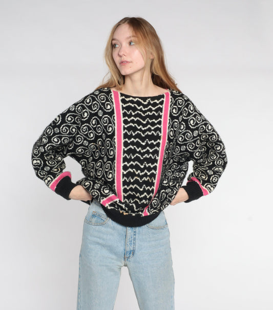 80s Black Swirl Stripe Knit Sweater Pink White Abstract Pullover Small