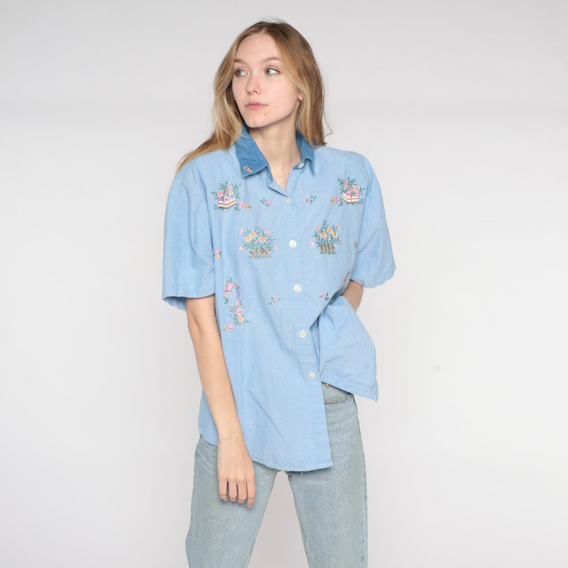 90s Blue Chambray Button Up Shirt Floral Birdhouse Embroidery Extra Large
