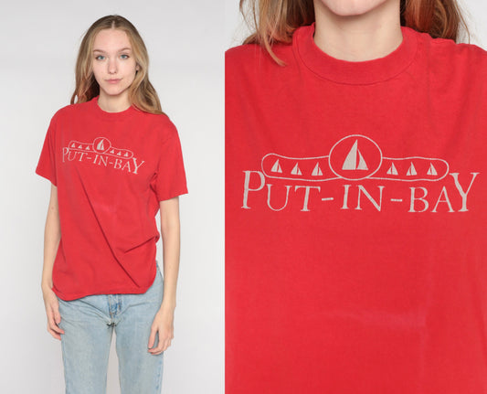 90s Put-In-Bay Ohio Sailboat Graphic T-Shirt Red Cotton Tee Medium