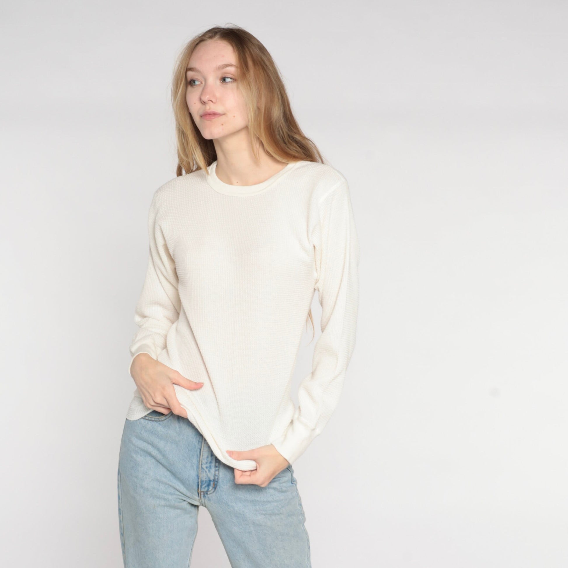 90s Off White Thermal Waffle Knit Long Sleeve Shirt Large