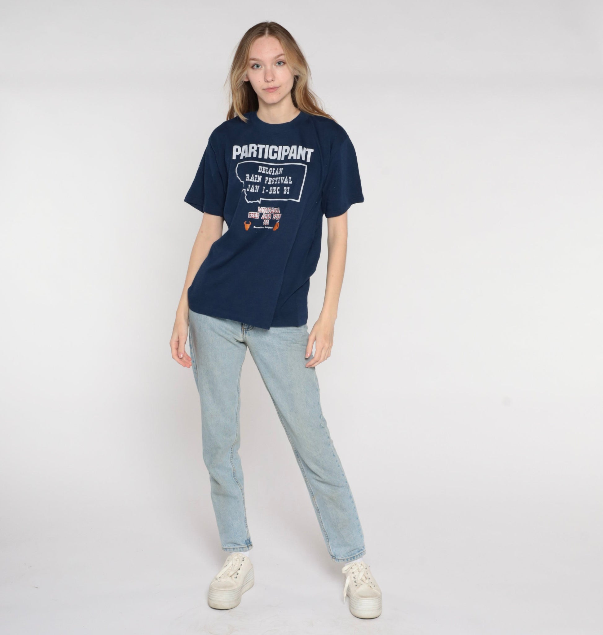 80s Belgian Rain Festival Participant Graphic Tee Navy Single Stitch Large