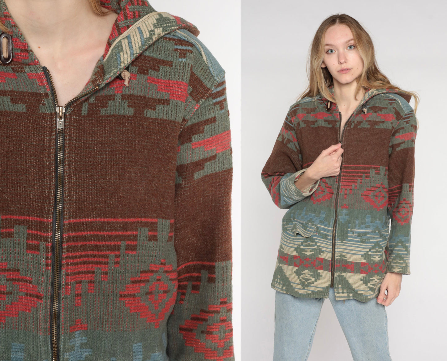 90s Woolrich Southwestern Wool Blend Hooded Jacket Brown Blue Medium