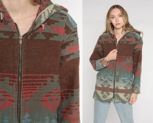 90s Woolrich Southwestern Wool Blend Hooded Jacket Brown Blue Medium
