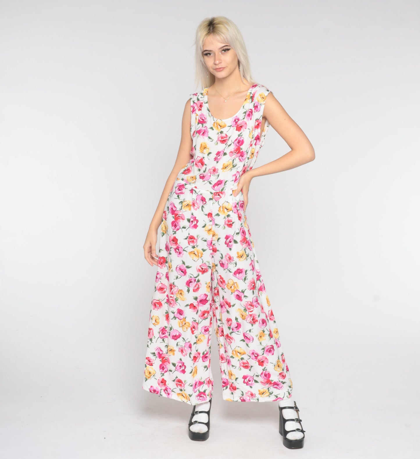 90s Floral Jumpsuit White Pink Wide Leg Sleeveless One Piece Large L