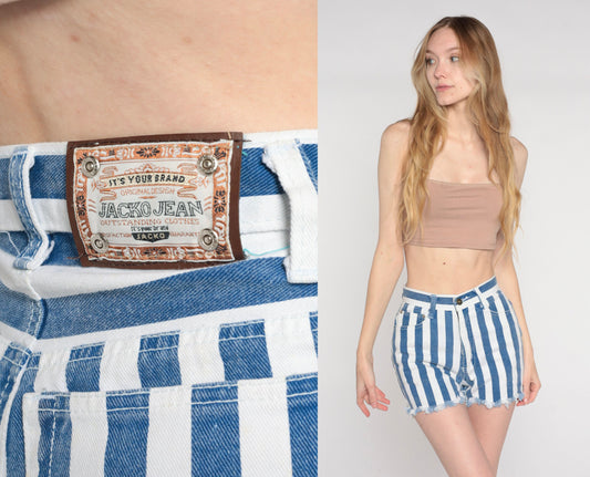 90s Jacko Jeans Striped Denim Cutoffs Blue White High Waisted Extra Small XS