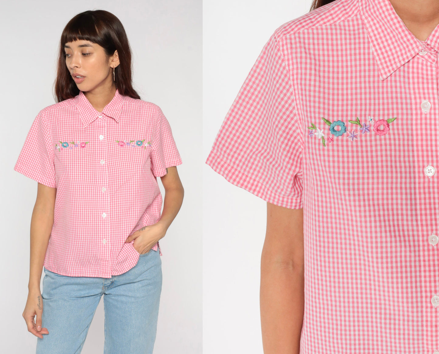Y2K Pink Gingham Blouse Floral Embroidered Button Up Short Sleeve Medium M