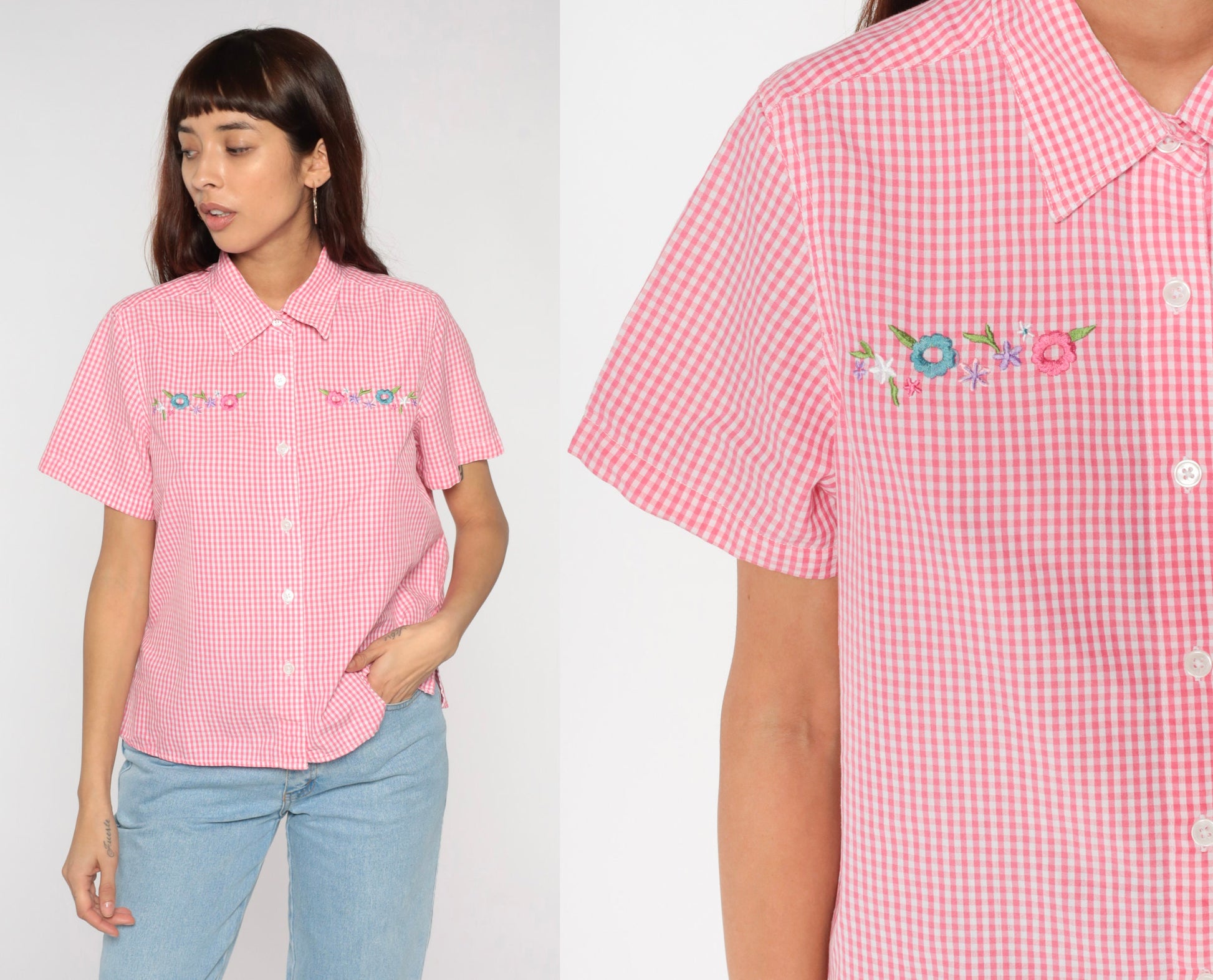 Y2K Pink Gingham Blouse Floral Embroidered Button Up Short Sleeve Medium M