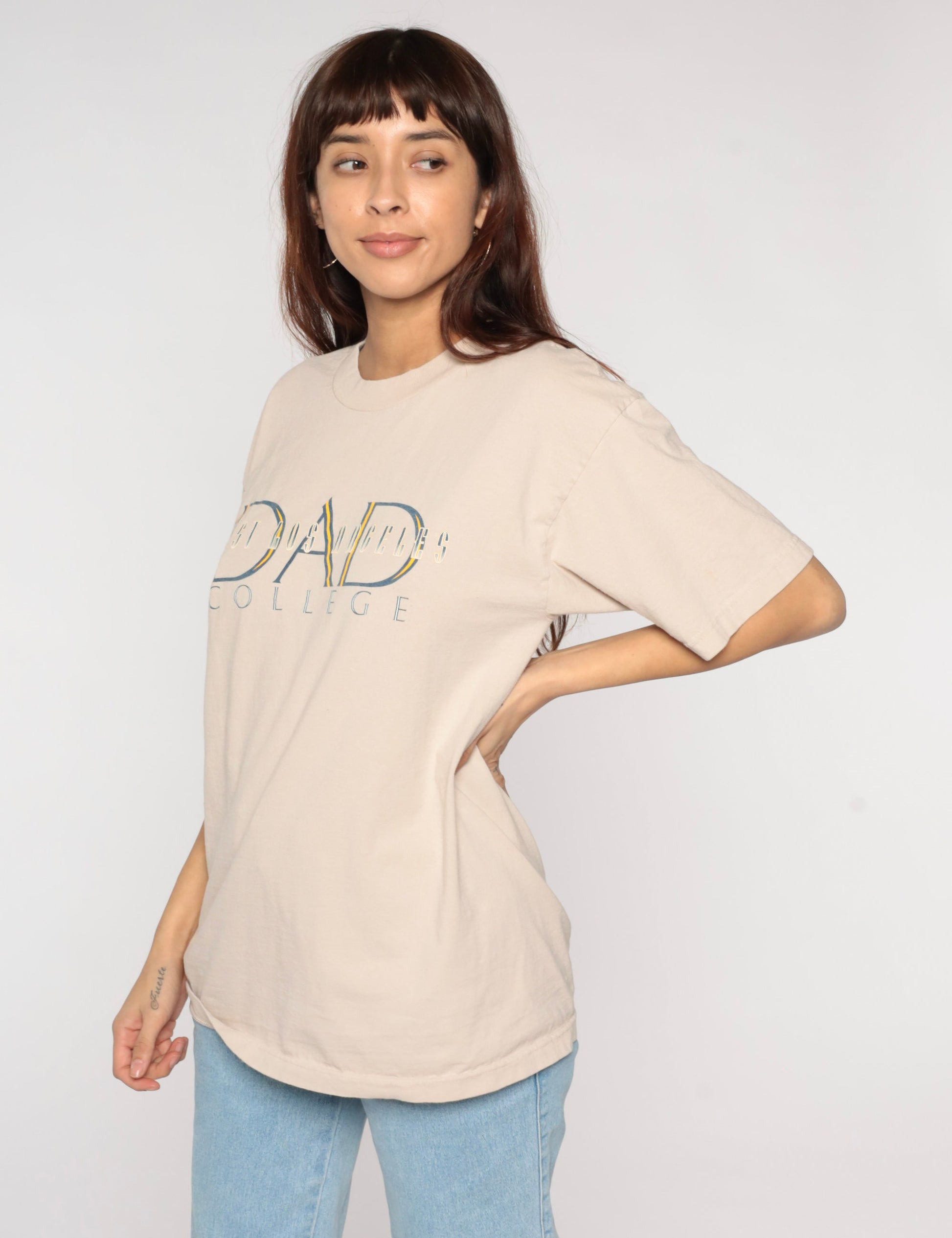 Y2K West LA College Dad Graphic Tee Tan Cotton Large