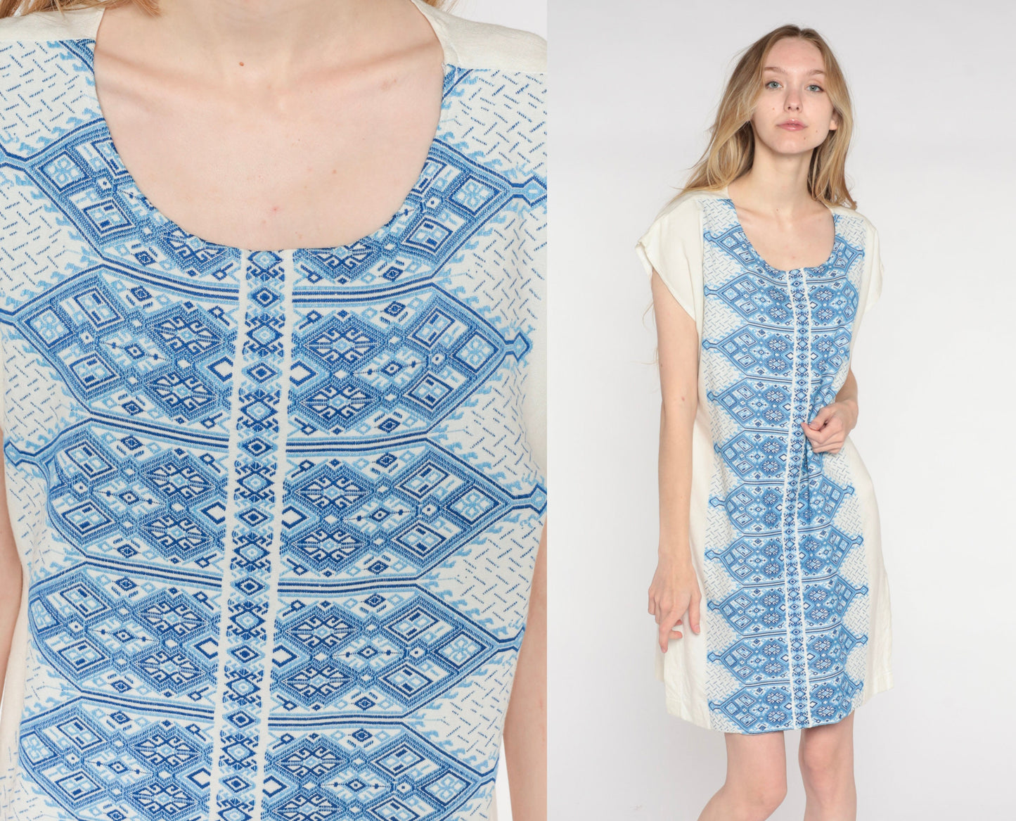90s Geometric Embroidered Aztec Mini Shift Dress White Blue Cap Sleeve Medium