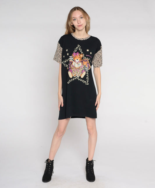 90s Baby Tiger Sweet Dreams T-Shirt Dress Black Leopard Print Mini Nightgown