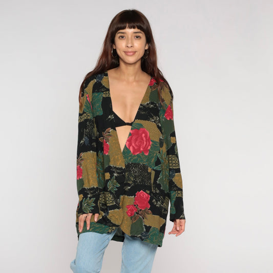 90s Patchwork Floral Rayon Jacket Deep V Button Front Rose Print Large