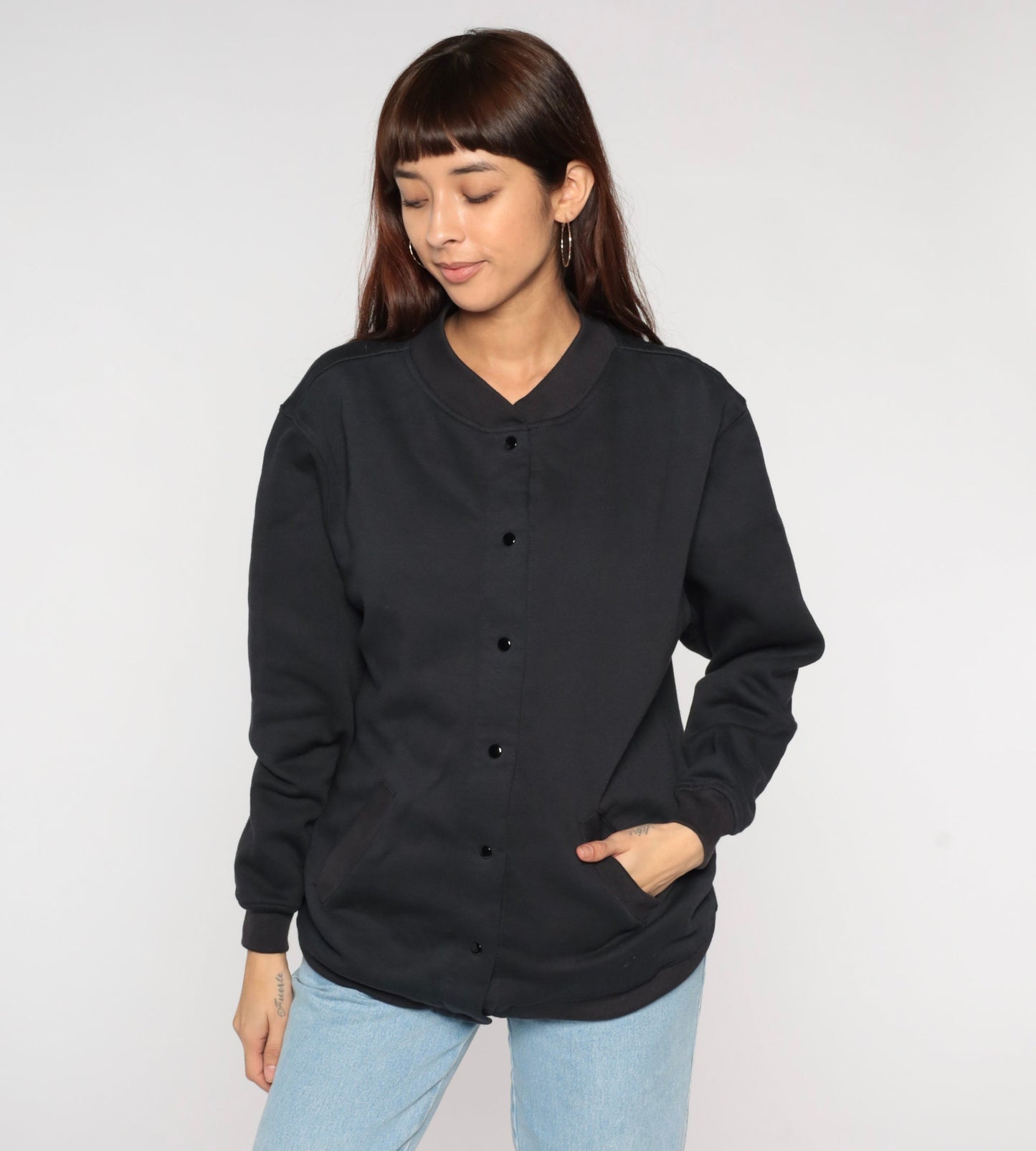 00s Black Snap-Up Sweatshirt Jacket Plain Crewneck Medium M