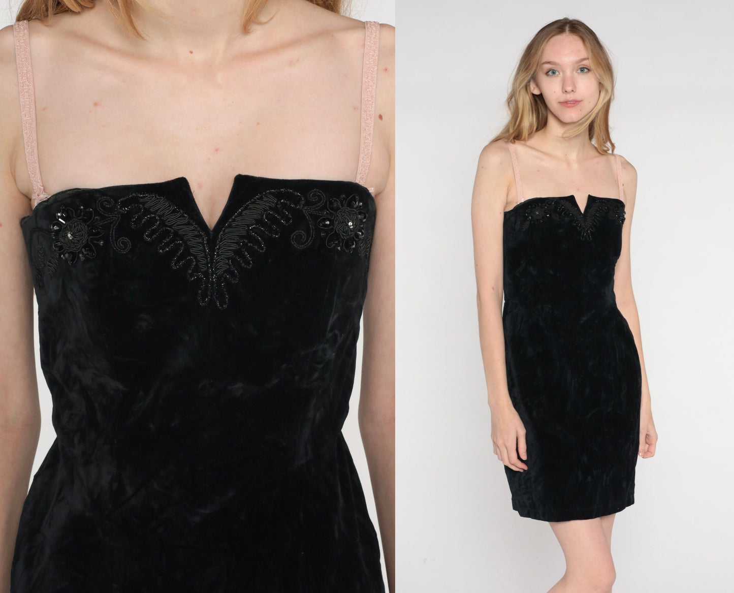 80s Black Velvet Strapless Mini Dress Beaded Embroidery Small