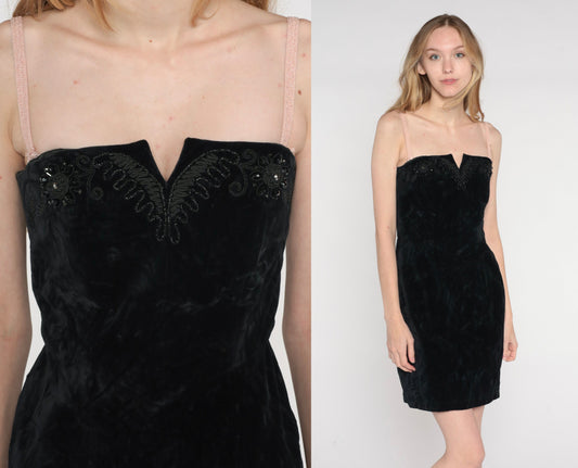 80s Black Velvet Strapless Mini Dress Beaded Embroidery Small