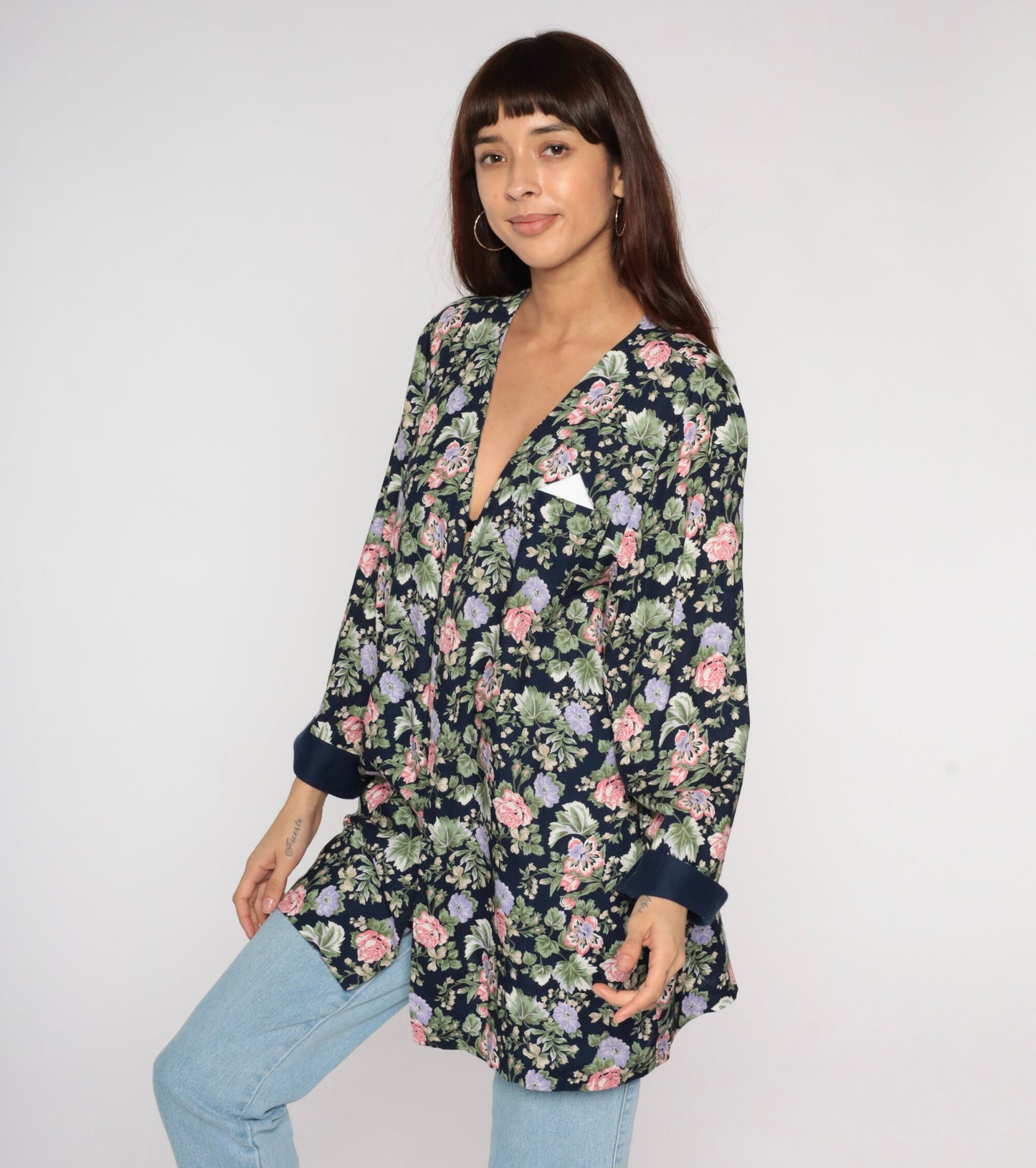 90s Navy Floral Open Front Jacket Rayon Long Sleeve Large L