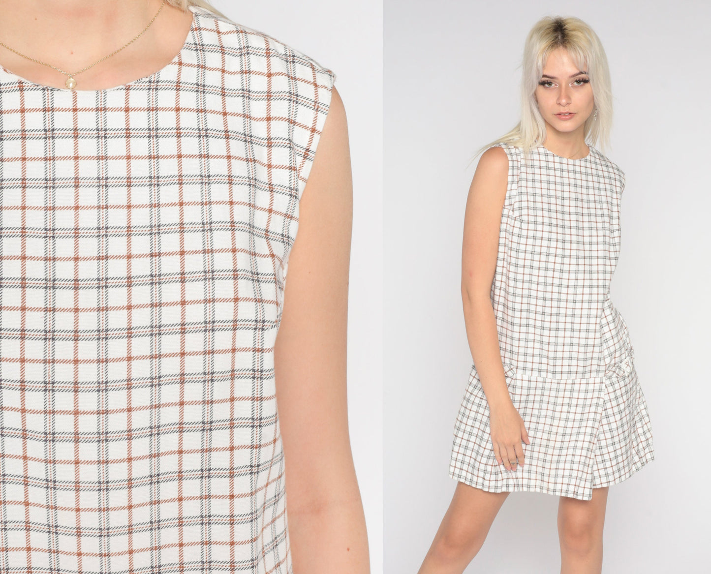 60s White Plaid Drop Waist Scooter Dress Sleeveless Minidress Medium