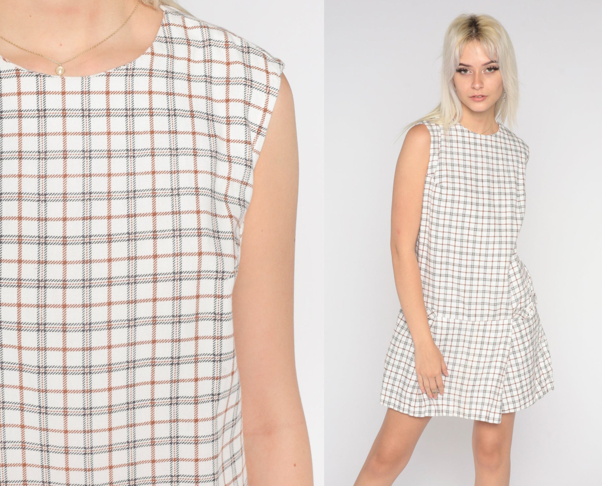 60s White Plaid Drop Waist Scooter Dress Sleeveless Minidress Medium