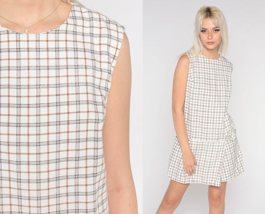 60s White Plaid Drop Waist Scooter Dress Sleeveless Minidress Medium