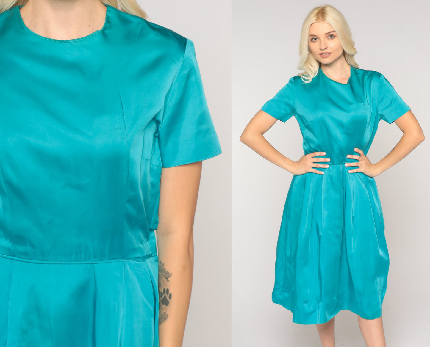 1960s Turquoise Taffeta Party Dress High Waist Side Zip Small S