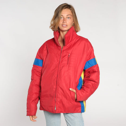 80s Roffe Goose Down Ski Jacket Red Striped Puffer Zip Coat Men's Large