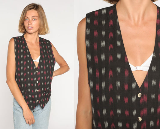 90s Black Ikat Print Button-Up Vest Cotton Sleeveless Medium