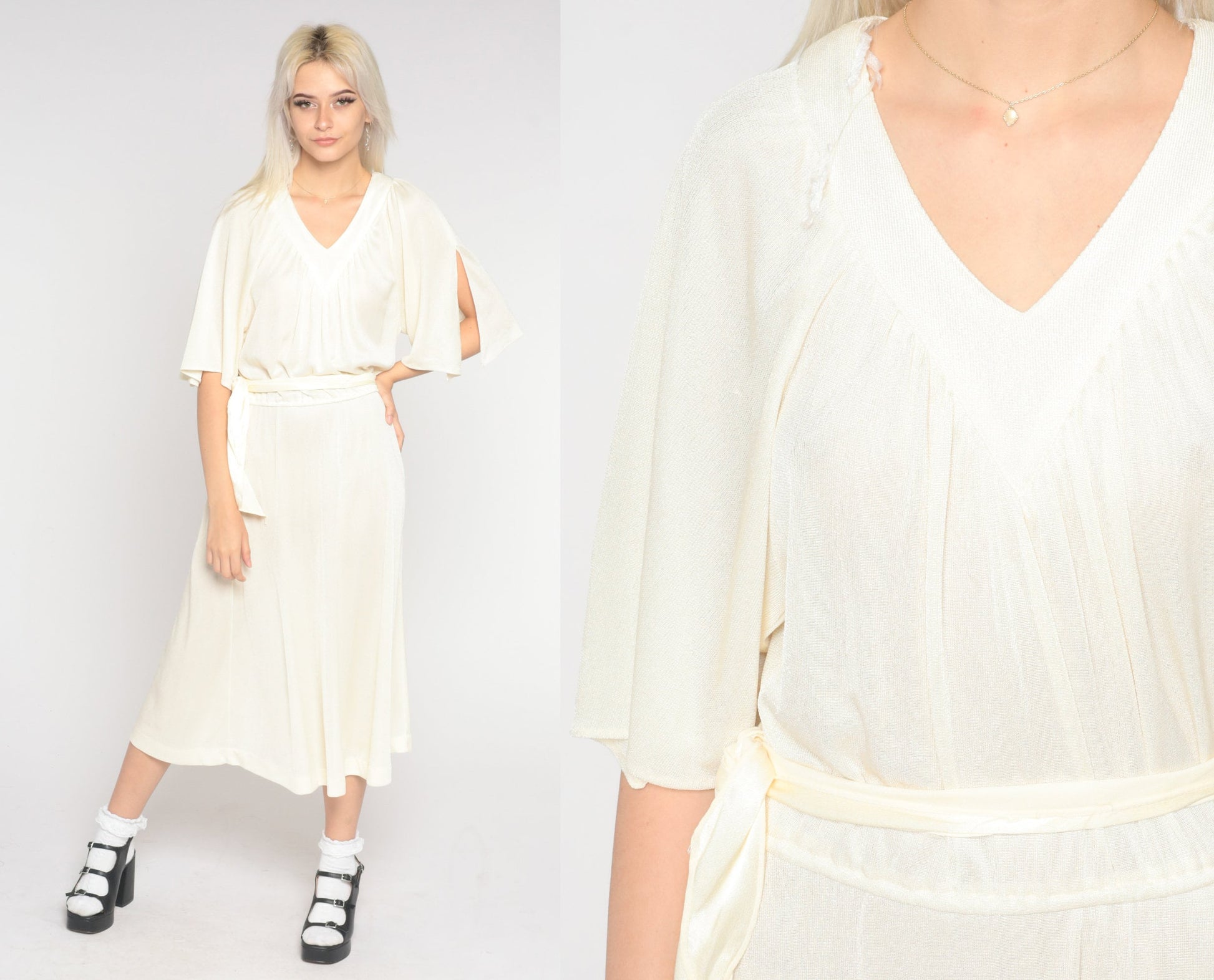 1970s Off-White Midi Dress Kimono Sleeve V-Neck Elastic Waist Small Medium