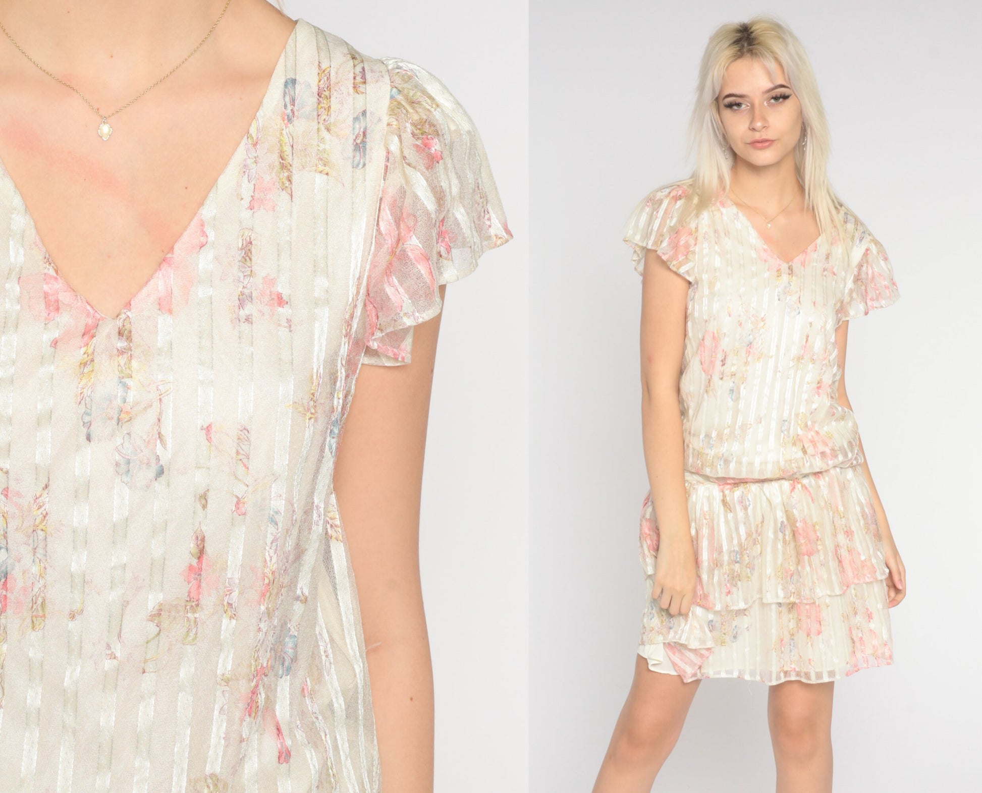 70s Floral Mini Dress Flutter Sleeve Off-White Striped Tiered Small