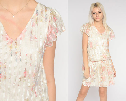 70s Floral Mini Dress Flutter Sleeve Off-White Striped Tiered Small