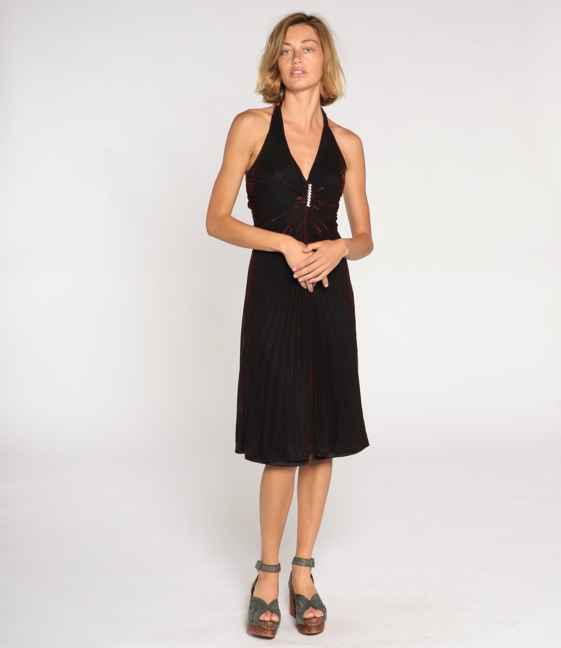 80s Black Red Metallic Halter Midi Dress Rhinestone Gem Sleeveless Small