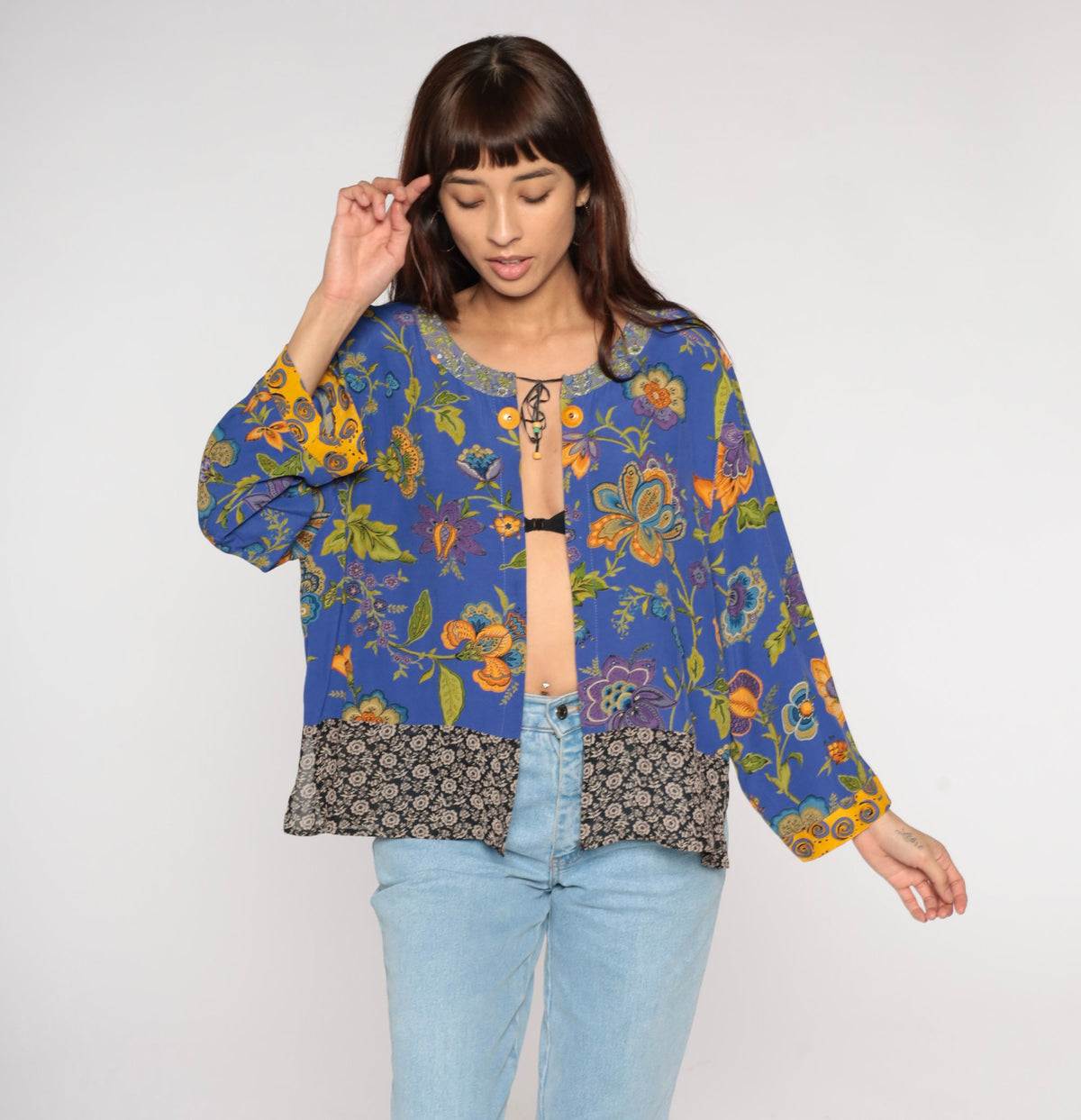 00s Blue Indian Floral Open-Front Jacket Long Sleeve Rayon Medium