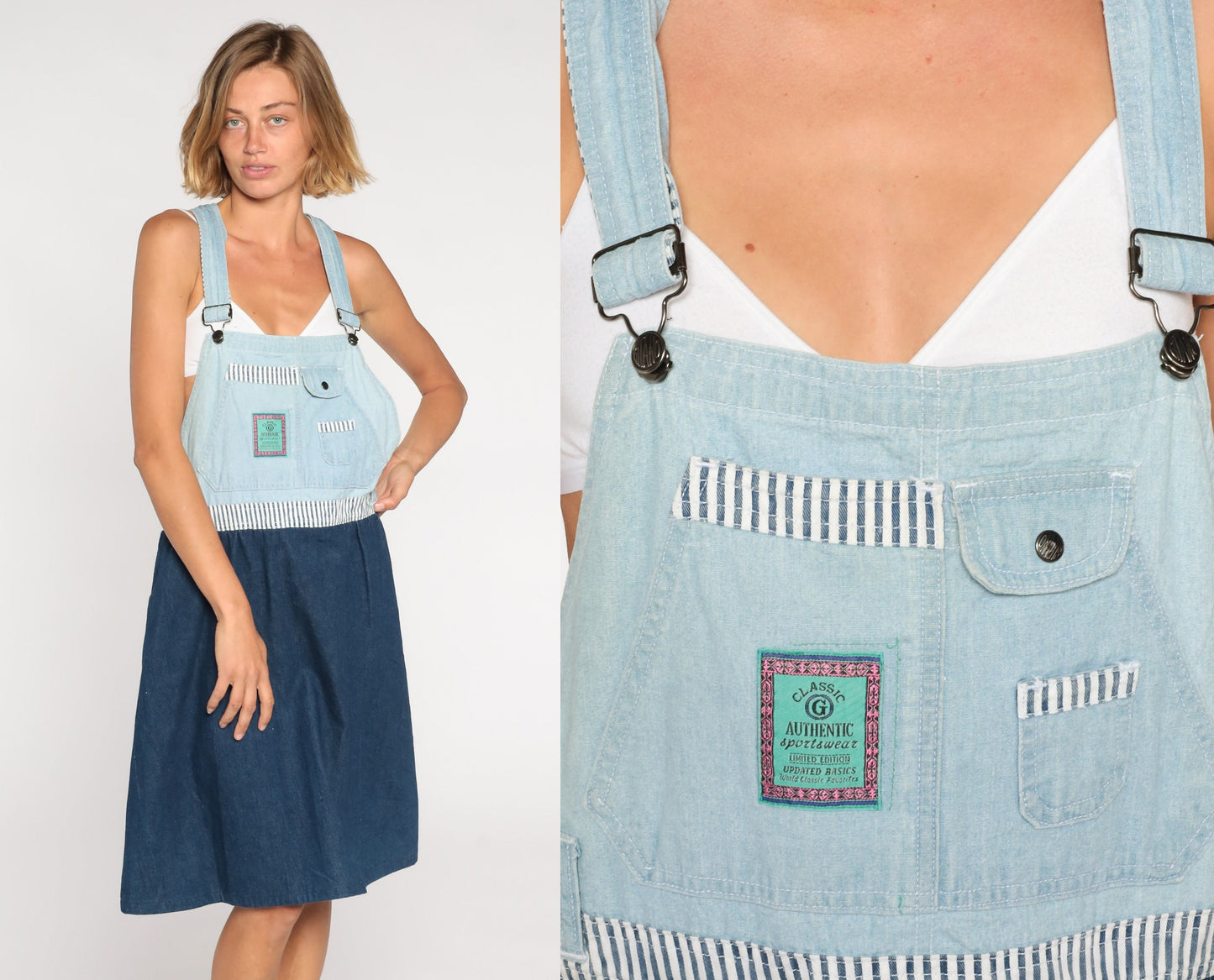 90s Gitano Two-Tone Denim Overall Dress Knee Length Striped Medium M