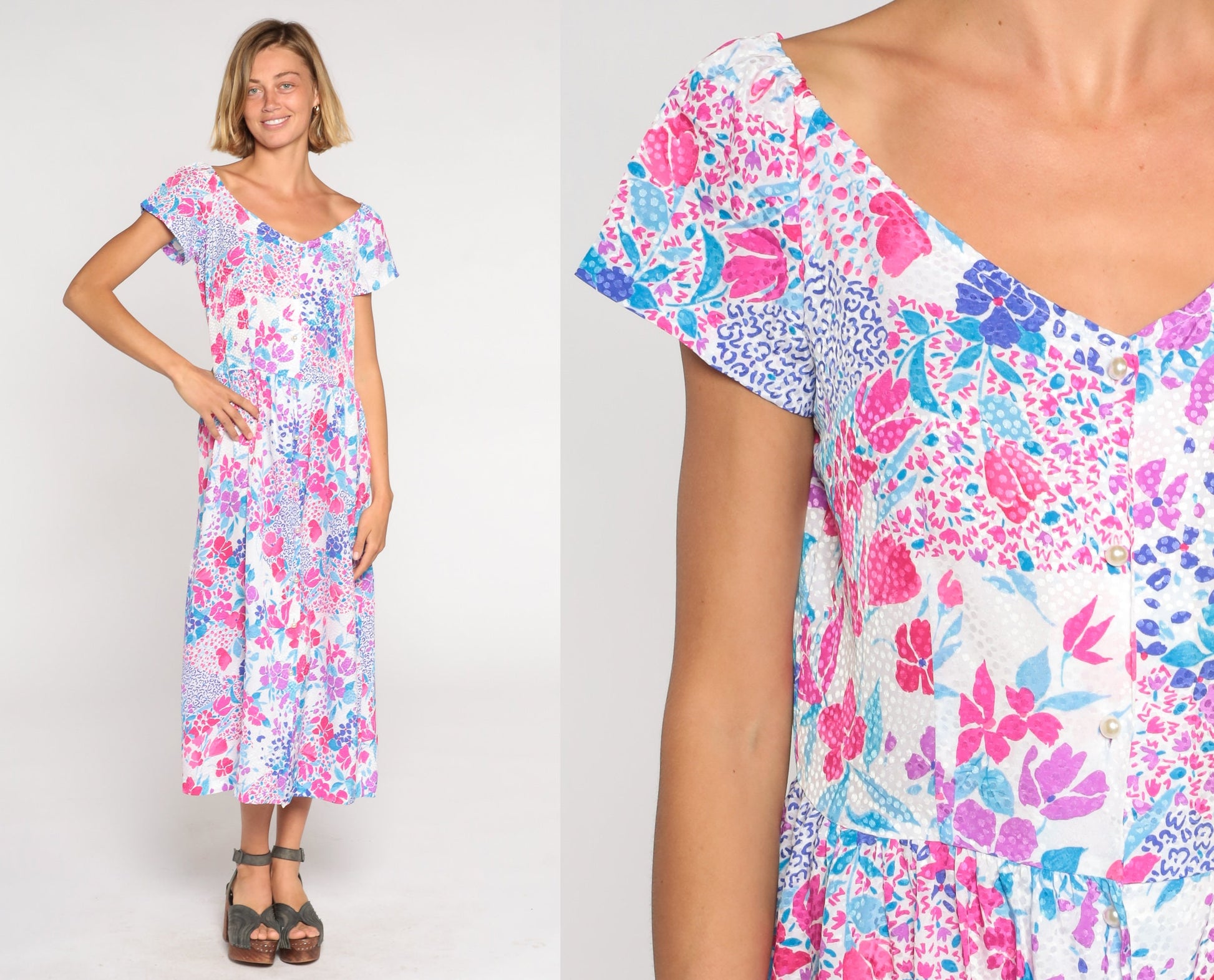 80s Floral Midi Dress Pink Blue Purple Button-Up V-Neck Medium