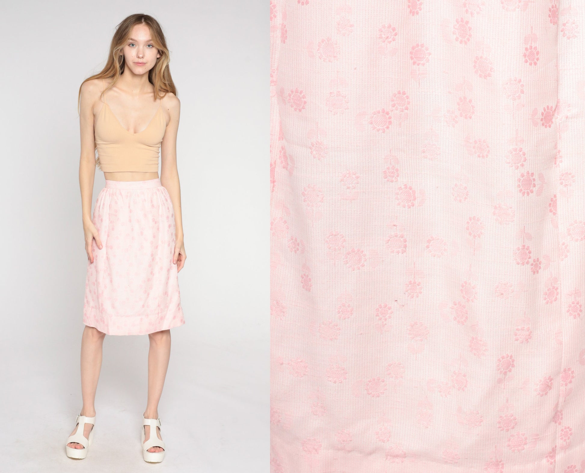 1960s Baby Pink Floral Knee-Length Skirt High Waist Pockets XXS