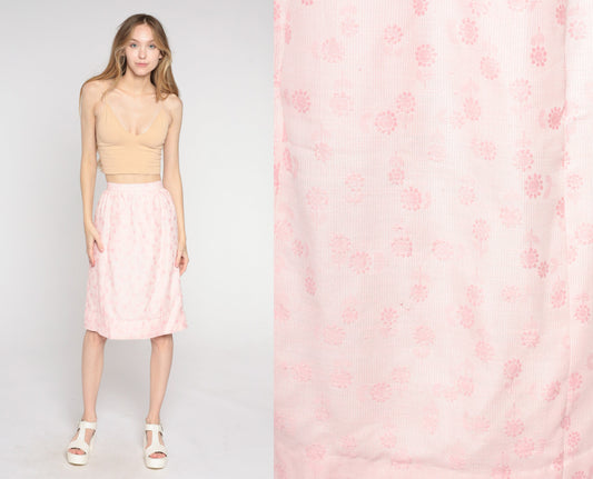 1960s Baby Pink Floral Knee-Length Skirt High Waist Pockets XXS