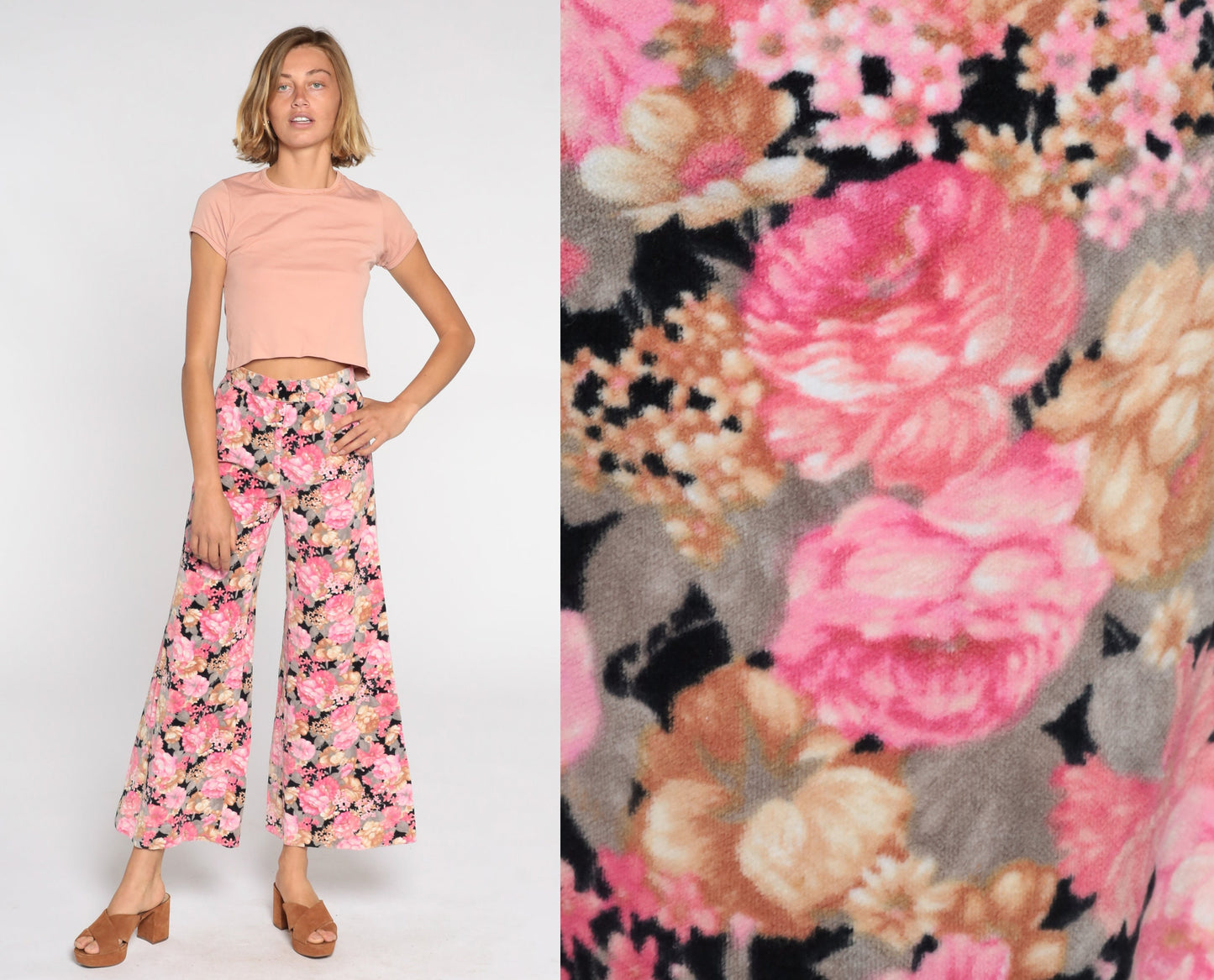 70s Floral Velvet Bell Bottom Pants Black Pink High Waisted Extra Small