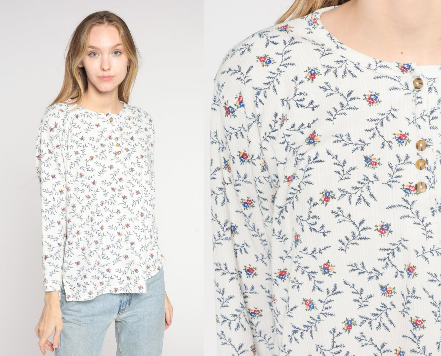 90s Floral Henley Long Sleeve Ribbed Shirt White Medium