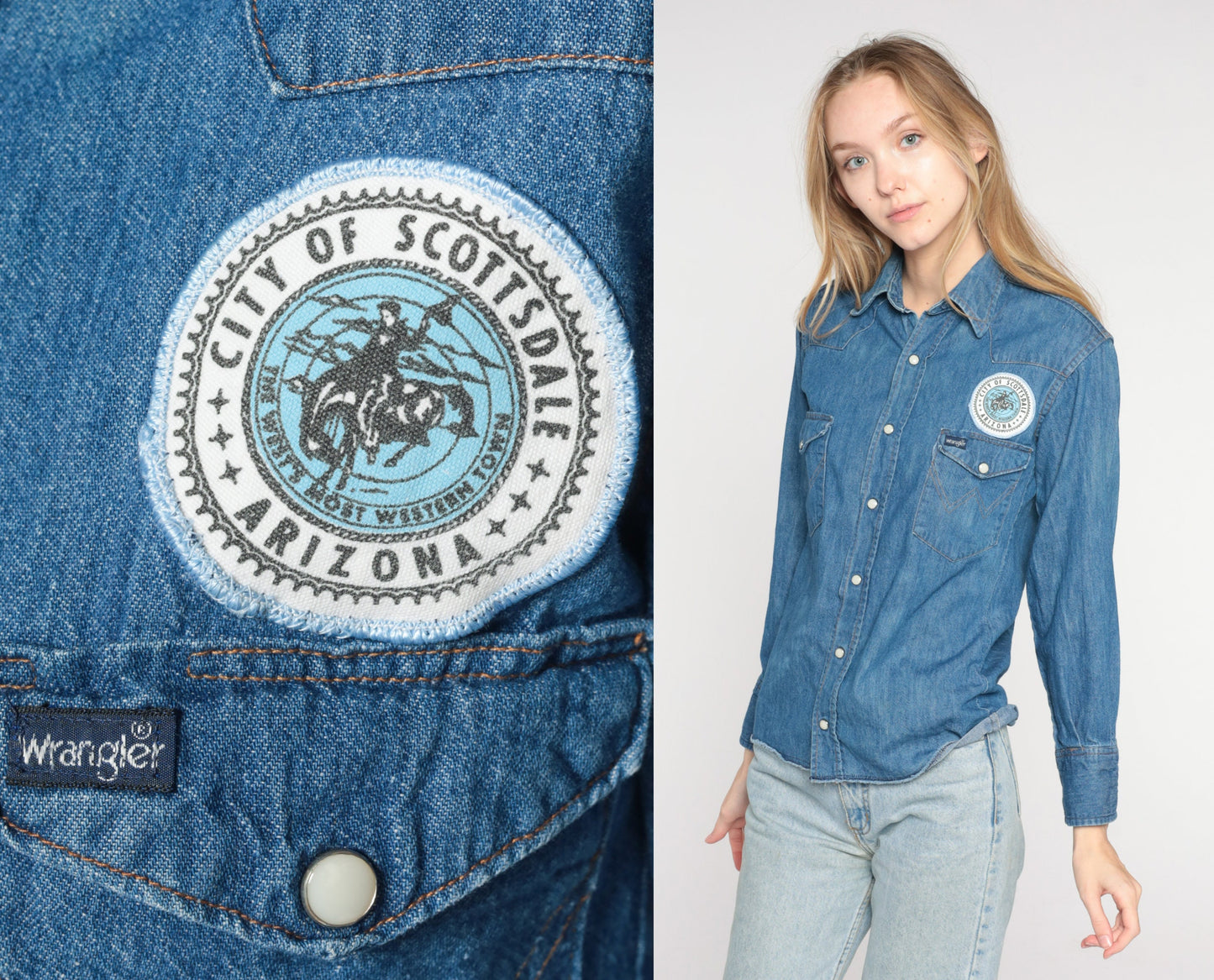80s Wrangler Denim Pearl Snap Western Shirt Scottsdale Rodeo Patch Blue