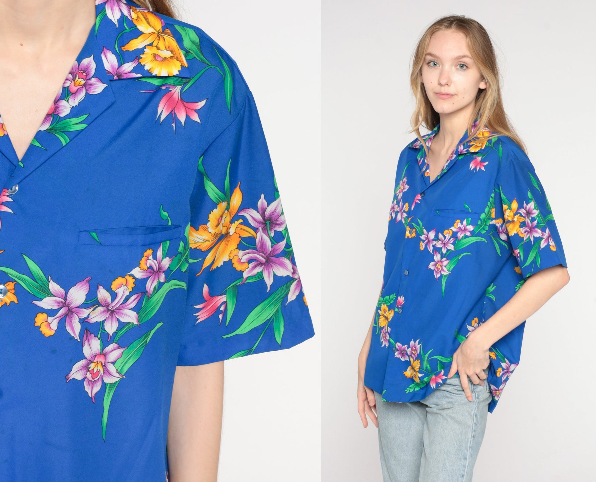 80s Blue Tropical Floral Hawaiian Shirt Button Up Short Sleeve Medium