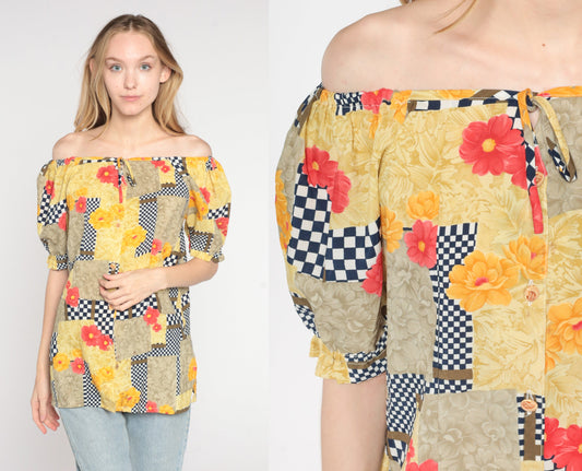 90s Floral Checkered Puff Sleeve Blouse Off-Shoulder Button-Front Yellow Medium