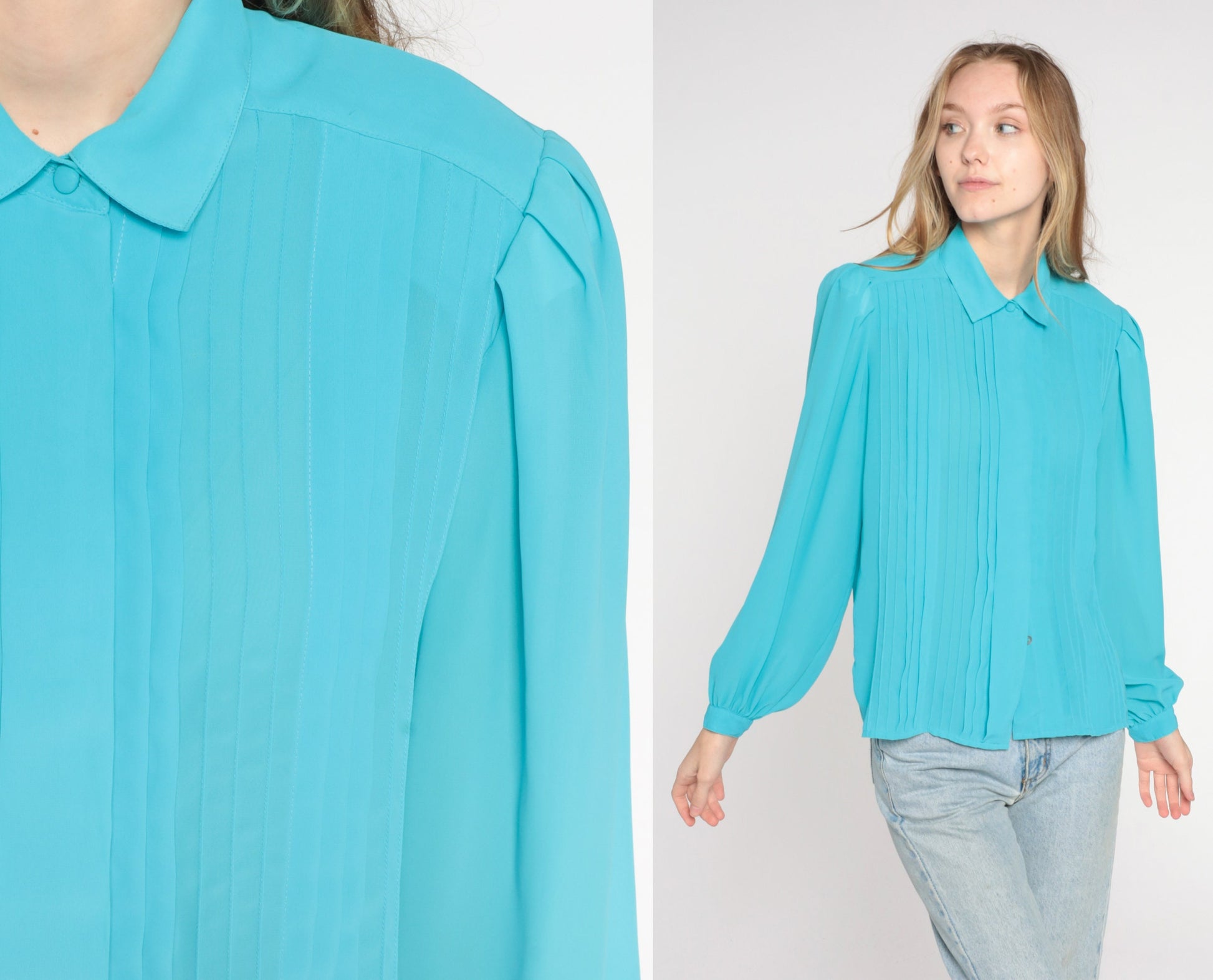 80s Blue Pleated Blouse Puff Sleeve Collared Button-Up Medium