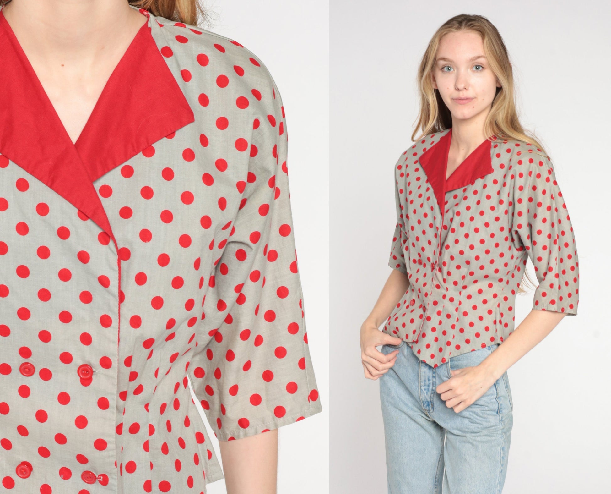 80s Grey Polka Dot Cotton Blouse Double Breasted Red Collar Short Sleeve Small