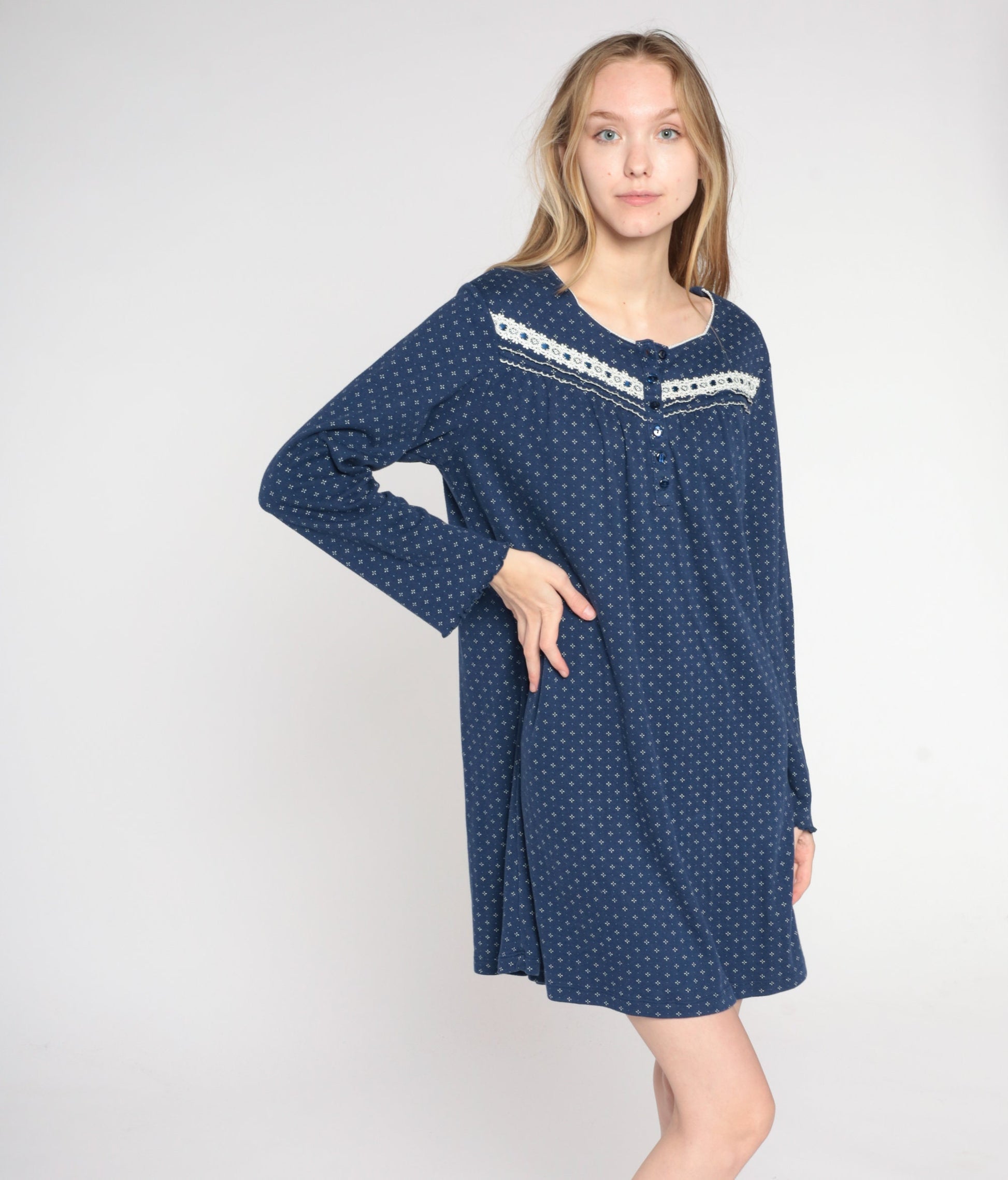 Y2K Navy Calico Floral Pajama Dress Long Sleeve Button-Up Nightgown Large L