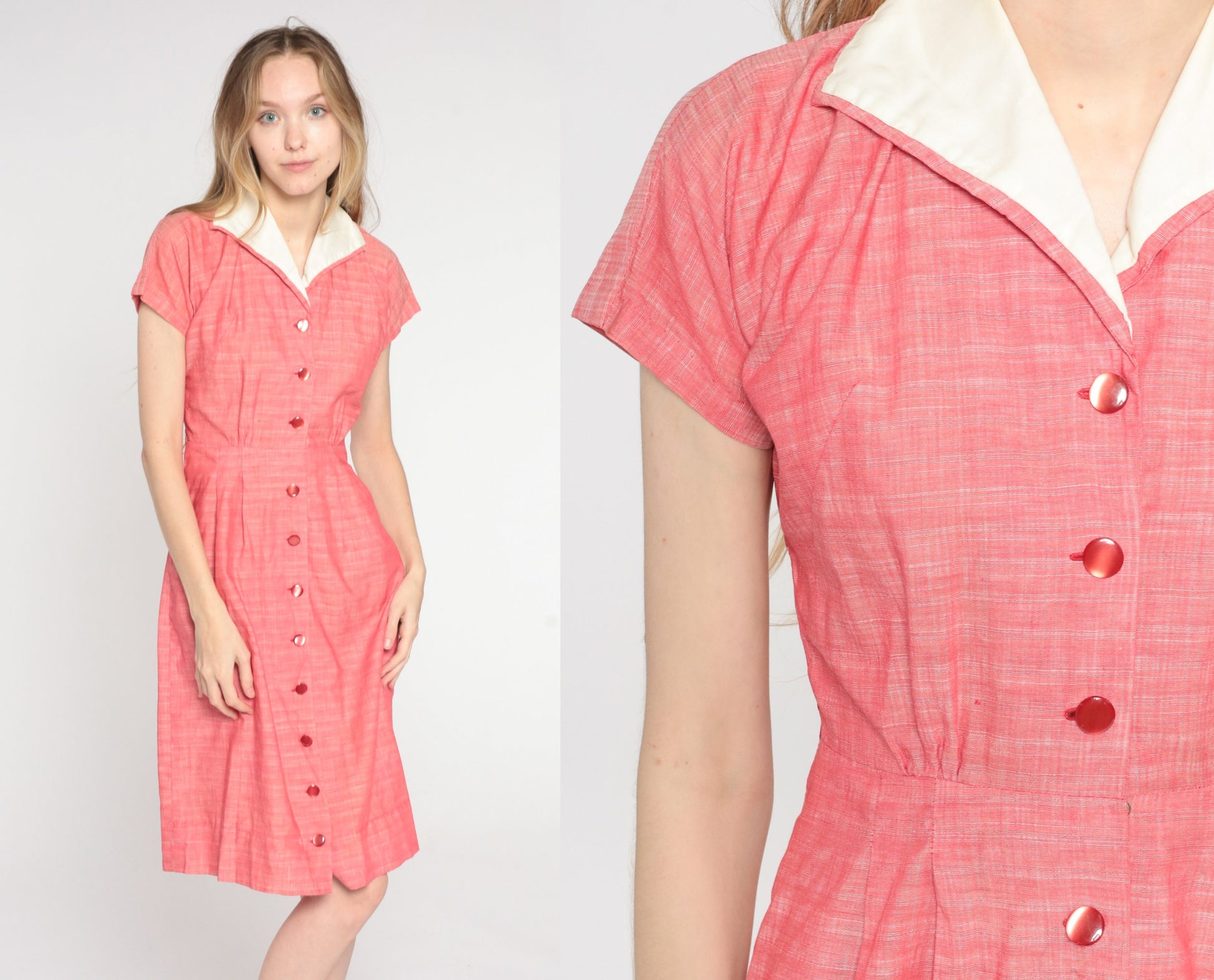 1950s Pink Woven Shirtdress Collar Button-Up Knee Length Small