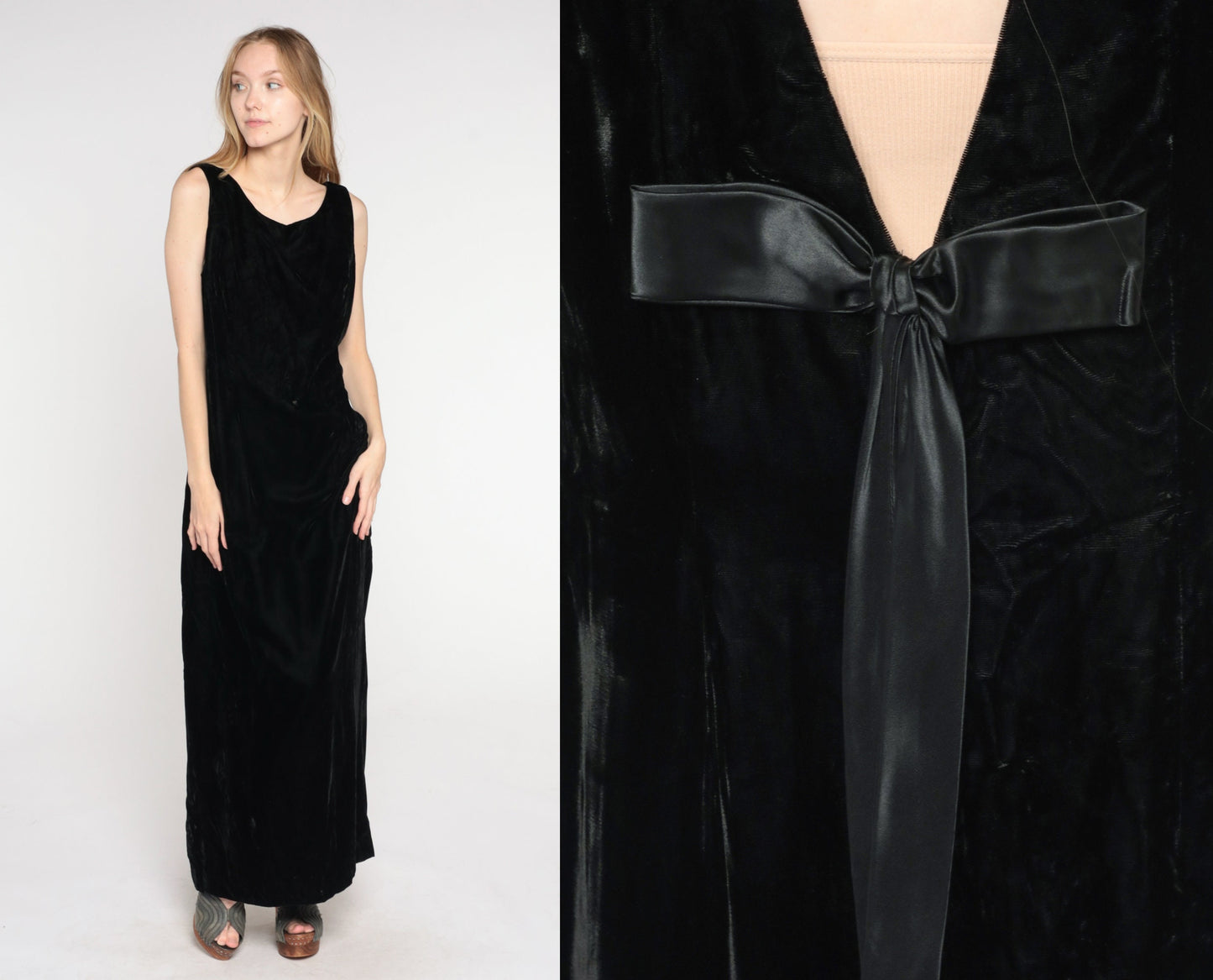 70s Black Velvet Maxi Gown Sleeveless Low Back Ribbon Bow Large
