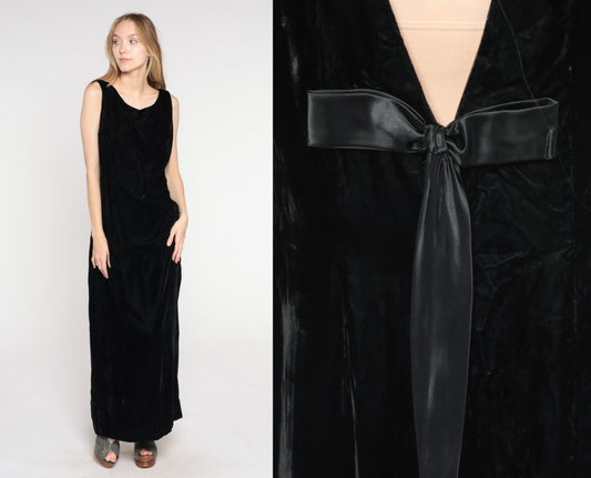 70s Black Velvet Maxi Gown Sleeveless Low Back Ribbon Bow Large
