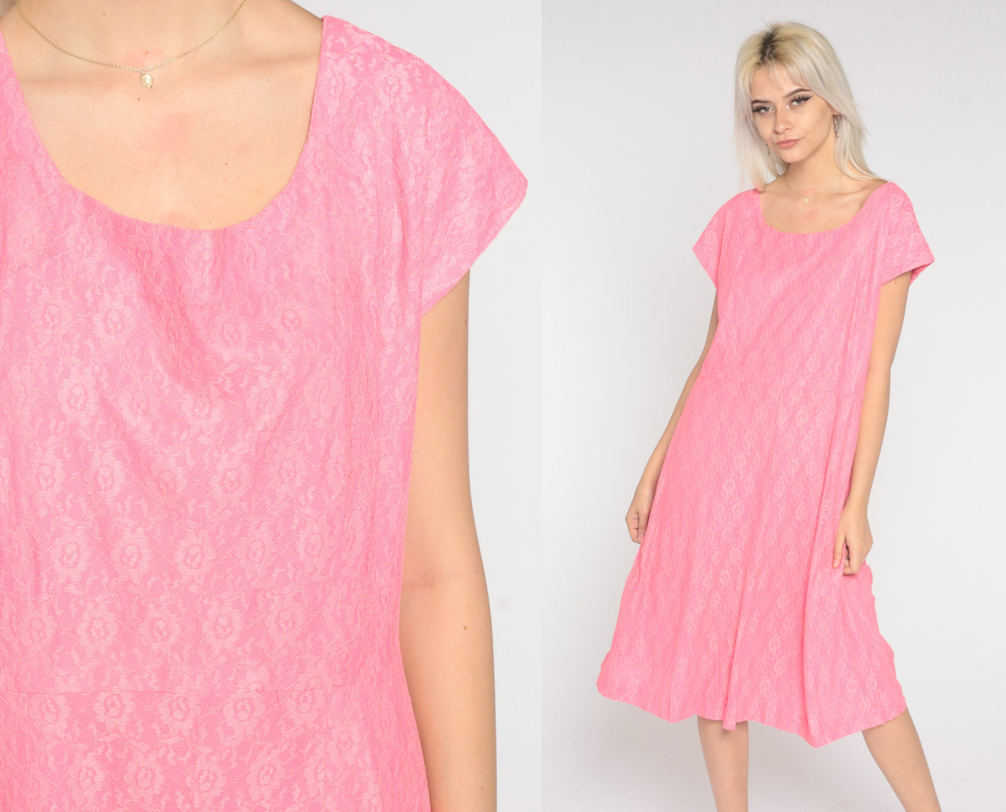 60s Pink Lace Midi Dress Shift Sleeveless High Waist Large