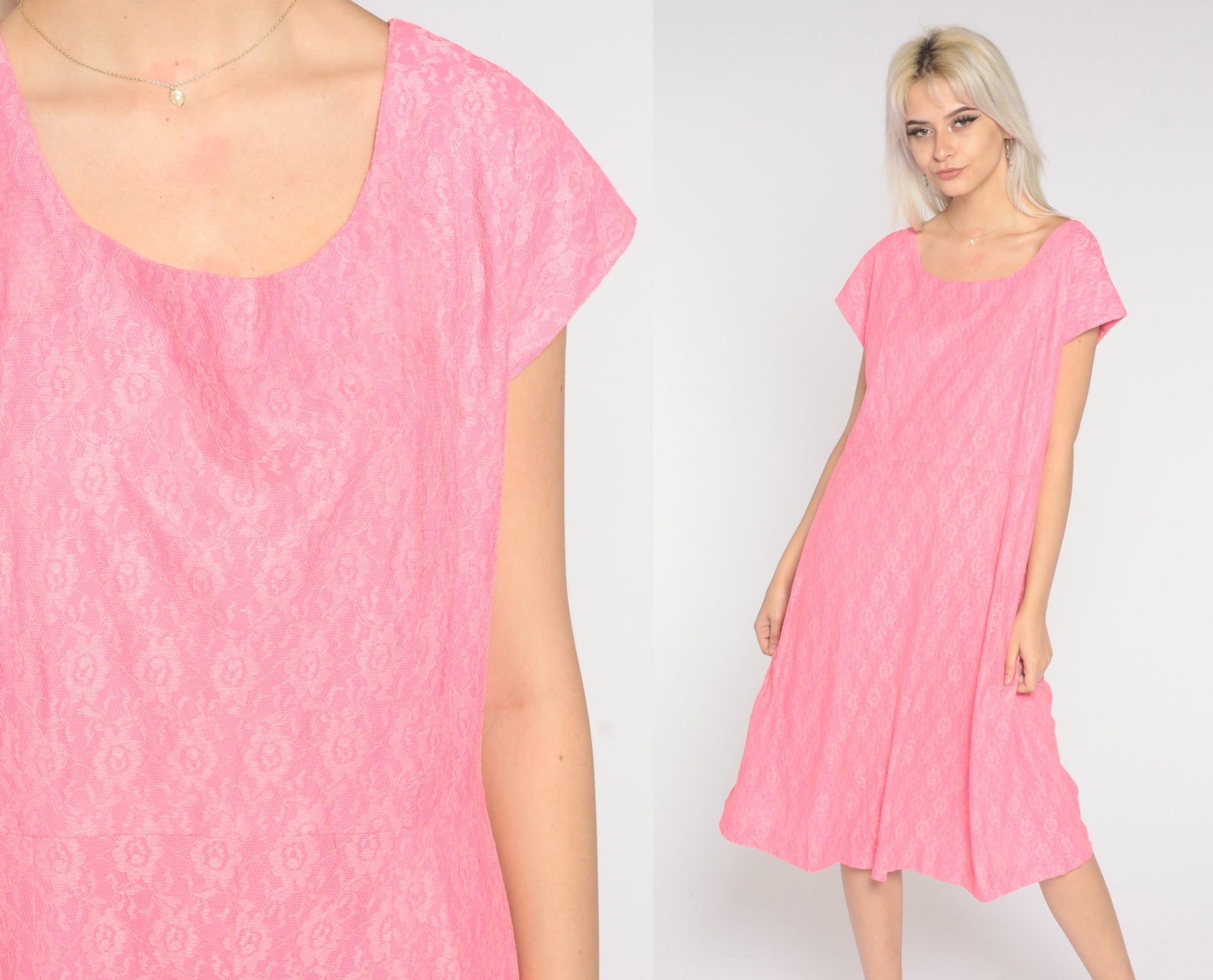 60s Pink Lace Midi Dress Shift Sleeveless High Waist Large
