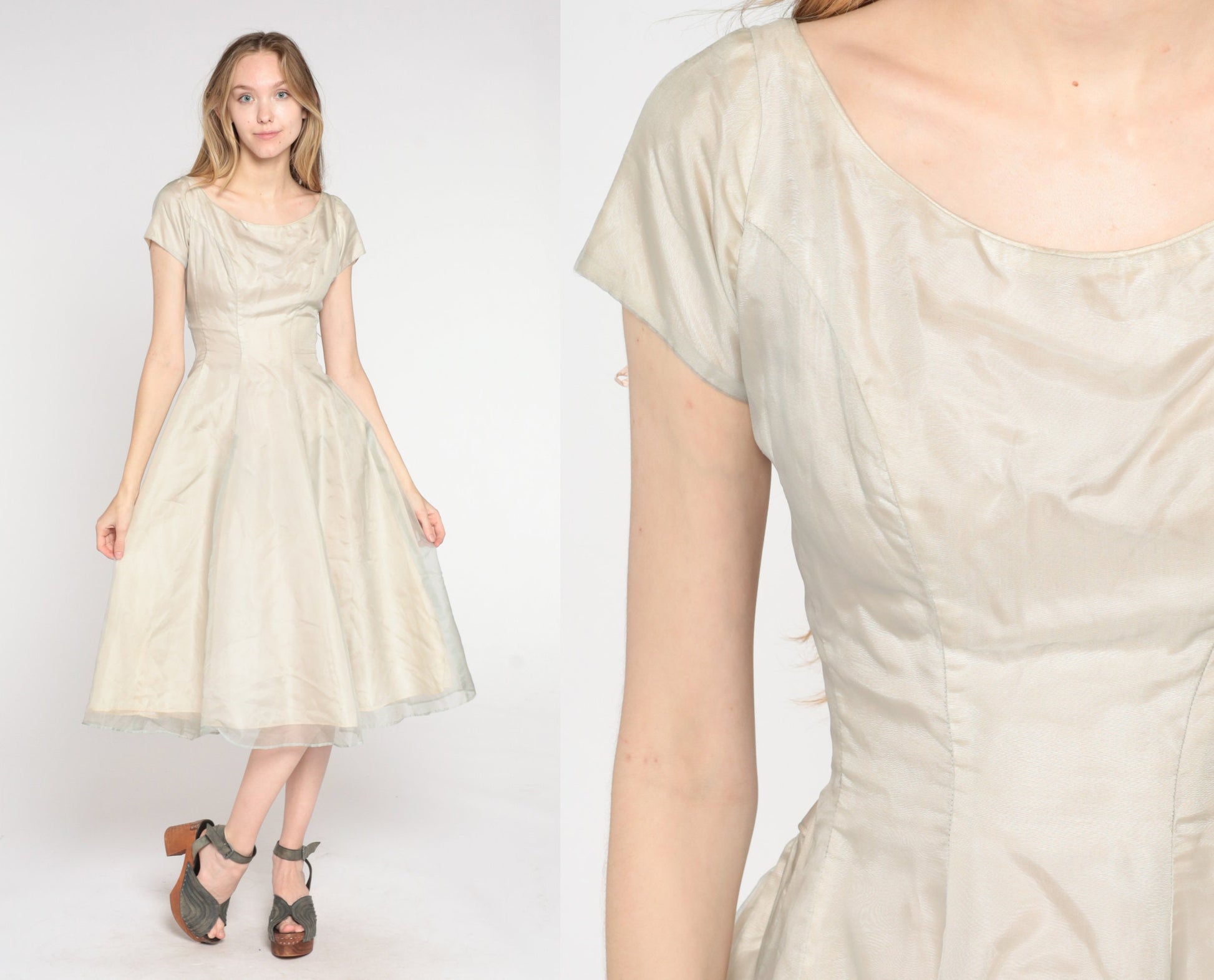 1950s Taupe Organza Midi Dress Cap Sleeve High Waist Full Skirt Extra Small