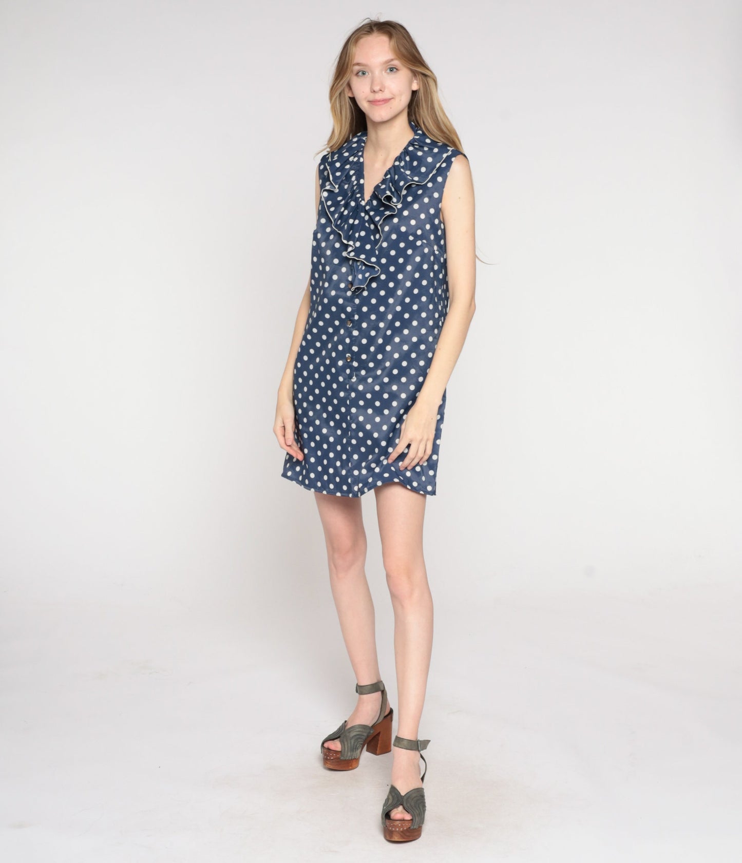 70s Navy Polka Dot Mini Shift Dress Ruffled Collar Sleeveless Small