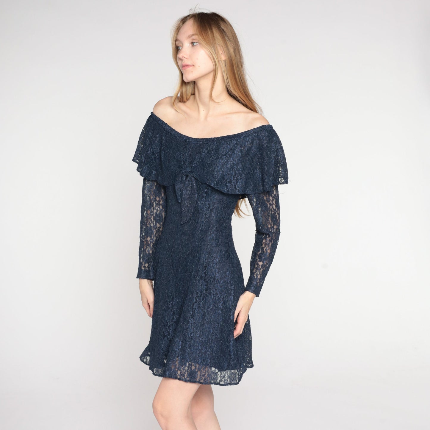 90s Navy Floral Lace Mini Dress Off-Shoulder Long Sleeve Small S
